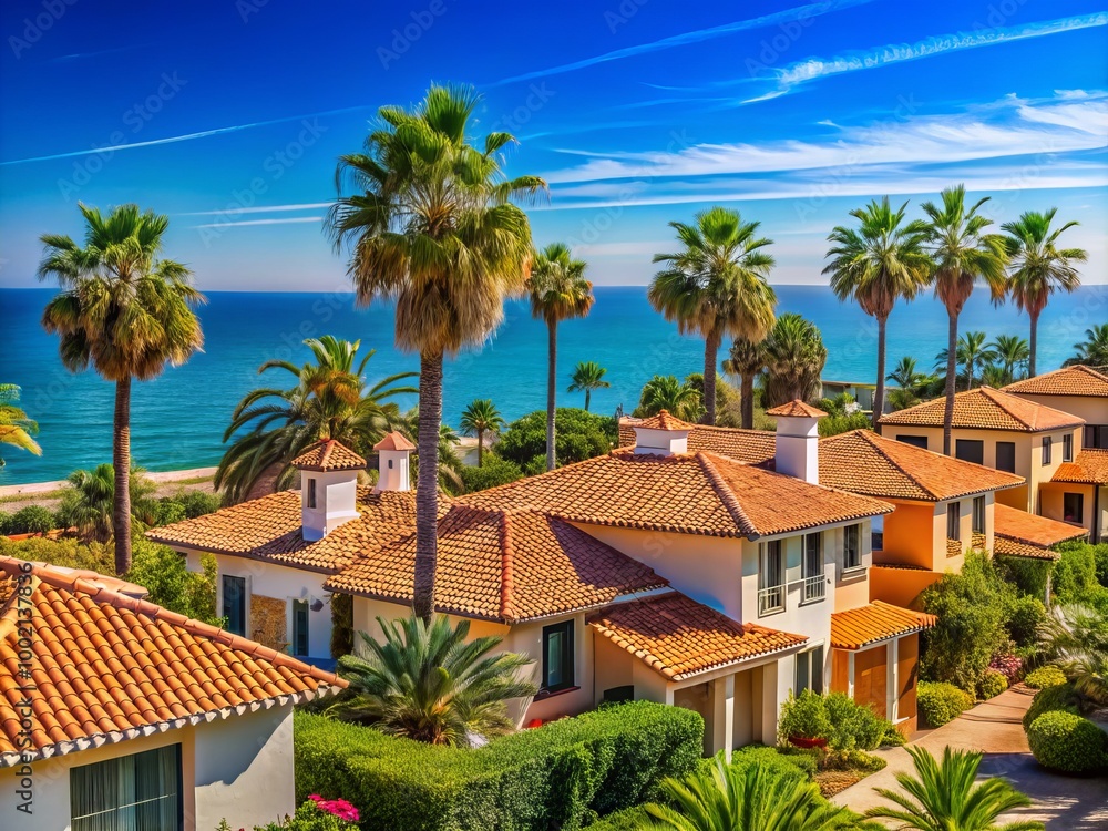 Fototapeta premium Charming Mediterranean Beach Cottages with Tiled Roofs and Palm Trees Under a Clear Blue Sky