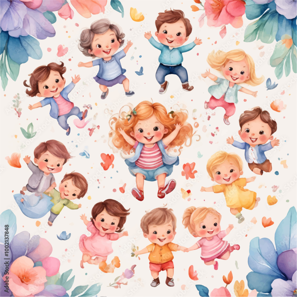 Cute children's fabric seamless pattern, flowers and leaf, stars, speech bubble, line. Hand drawn funny simple vector illustration. white background. Watercolor style for wallpaper, Cute children's fabric seamless pattern, flowers and leaf, stars, speech bubble, line. Hand drawn funny simple vector illustration. white background. Watercolor style for wallpaper,