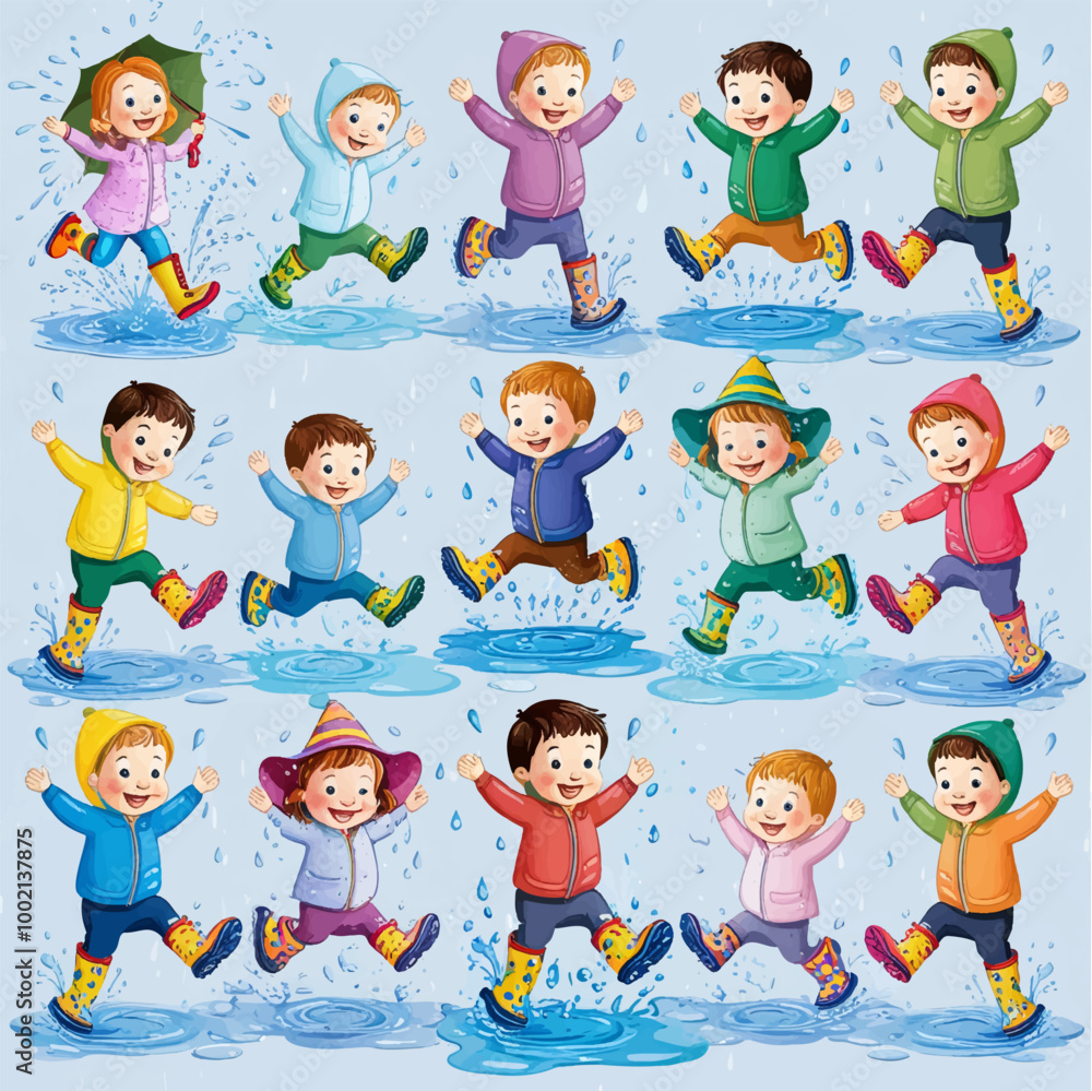 Kids in kindergarten play with their favorite rain playing garden, children drawings. watercolor banner. Funny cartoon characters. Vector illustration. Isolated on white background Kids in kindergarten play with their favorite rain playing garden, children drawings. watercolor banner. Funny cartoon characters. Vector illustration. Isolated on white background