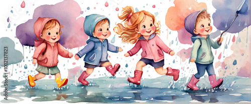 Kids in kindergarten play with their favorite rain playing garden, children drawings. watercolor banner. Funny cartoon characters. Vector illustration. Isolated on white background