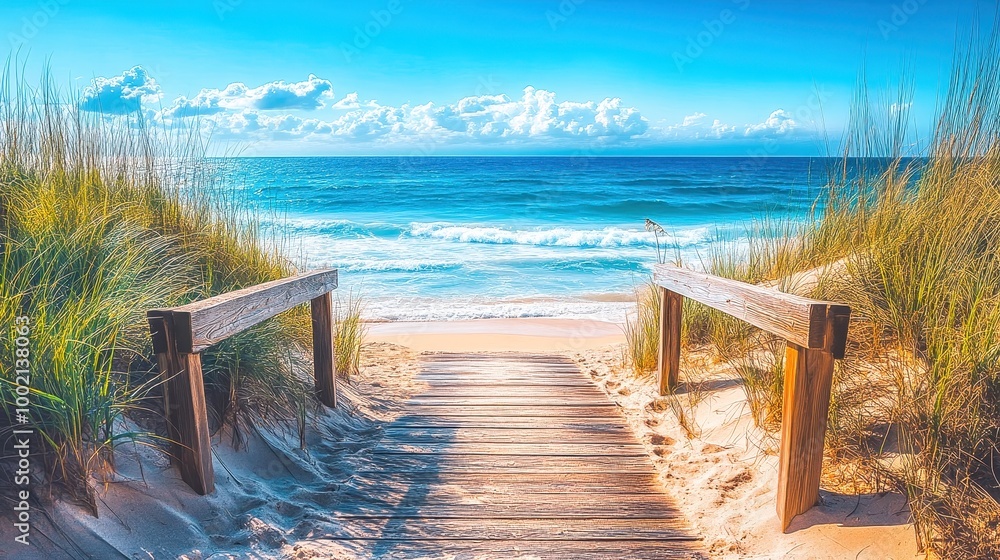 Fototapeta premium Wooden path leading to turquoise ocean beach on sunny summer day