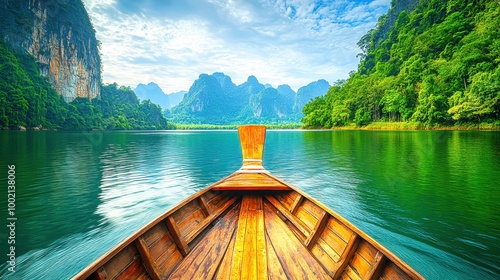 Wooden boat is sailing on a mountain lake surrounded by green forest photo