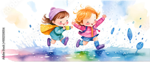 Kids in kindergarten play with their favorite rain playing garden, children drawings. watercolor banner. Funny cartoon characters. Vector illustration. Isolated on white background