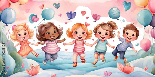 Kids in kindergarten play with their favorite rain playing garden, children drawings. watercolor banner. Funny cartoon characters. Vector illustration. Isolated on white background