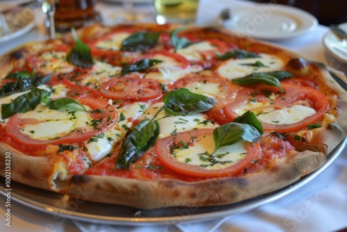 A classic Margherita pizza with fresh mozzarella, tomatoes, and basil