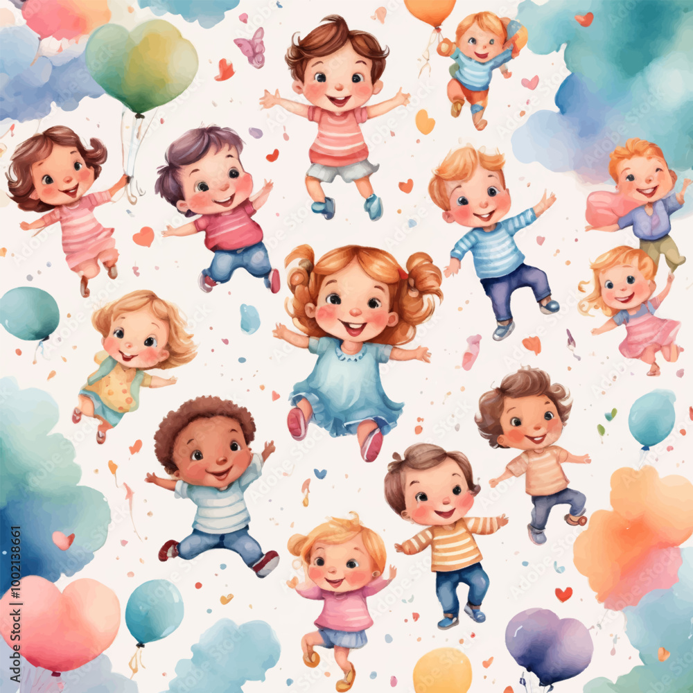 Cute children's fabric seamless pattern, flowers and leaf, stars, speech bubble, line. Hand drawn funny simple vector illustration. white background. Watercolor style for wallpaper,