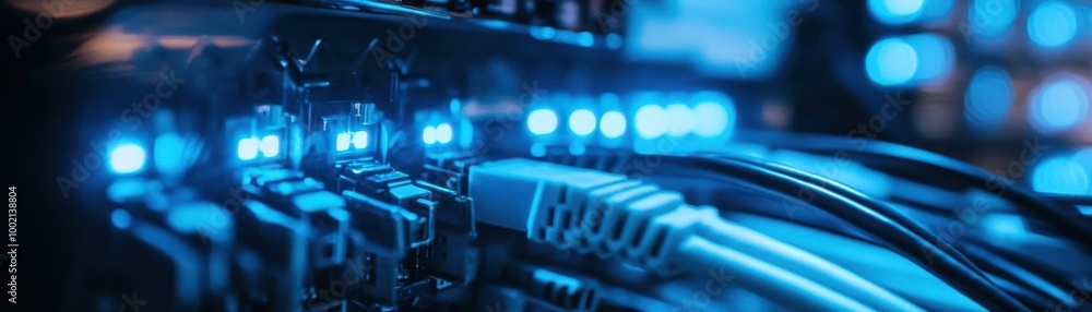 Close-up of Network Server with Blue LED Lights and Ethernet Cables in Data Center Close-up of Network Server with Blue LED Lights and Ethernet Cables in Data Center