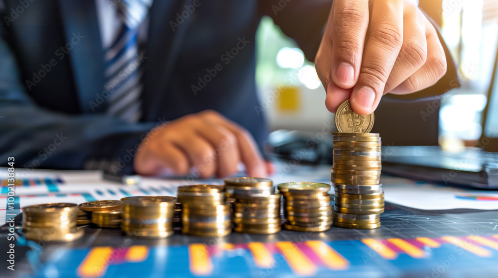 Businessman Hands Arranging Coins Close Up for Planning Businessman Hands Arranging Coins Close Up for Planning