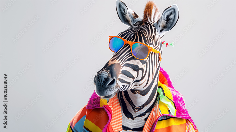 Obraz premium White Background Zebra in Stylish Clothing and Bright Sunglasses