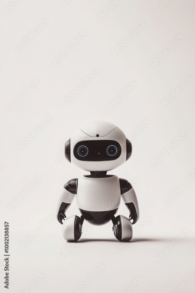 A cute white and black robot stands against a simple white background, displaying its round body and expressive digital eyes. A cute white and black robot stands against a simple white background, displaying its round body and expressive digital eyes.