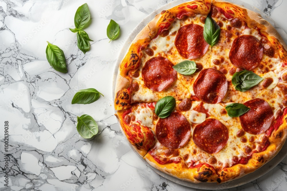 A classic pepperoni pizza with a golden, crispy crust, cheese bubbling, and slices of pepperoni evenly spread, served on a marble countertop with fresh basil leaves scattered around. Copy space A classic pepperoni pizza with a golden, crispy crust, cheese bubbling, and slices of pepperoni evenly spread, served on a marble countertop with fresh basil leaves scattered around. Copy space