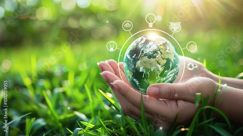 Symbolizing sustainability and environmental awareness. World nature conservation and environment day. Reuse, repair, improve, recycle. Eco-Friendly Manufacturing Continuity. Green energy. Copy space