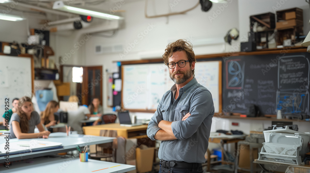 Indoor Classroom with Male Teacher Explaining to Students Indoor Classroom with Male Teacher Explaining to Students