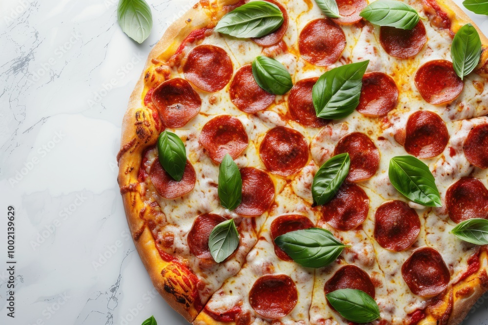 A classic pepperoni pizza with a golden, crispy crust, cheese bubbling, and slices of pepperoni evenly spread, served on a marble countertop with fresh basil leaves scattered around. Copy space