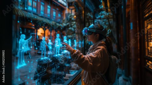 Tourist using AR and VR goggles for a virtual travel experience.