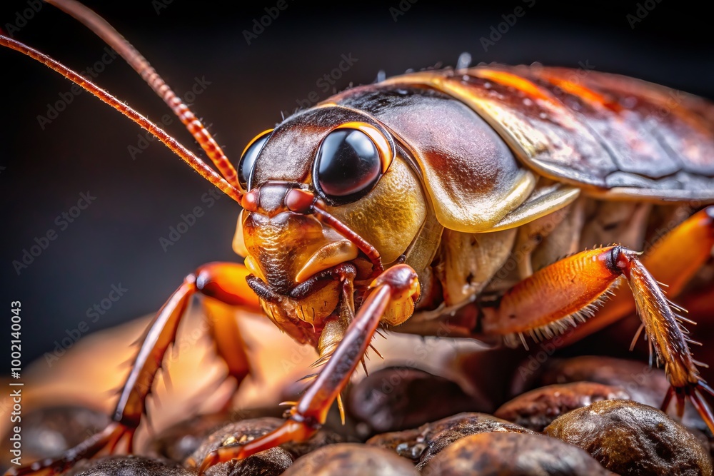 Close-Up Macro Photography of a Cockroach Detailing Kitchen Pest Features and Intricate Textures Close-Up Macro Photography of a Cockroach Detailing Kitchen Pest Features and Intricate Textures