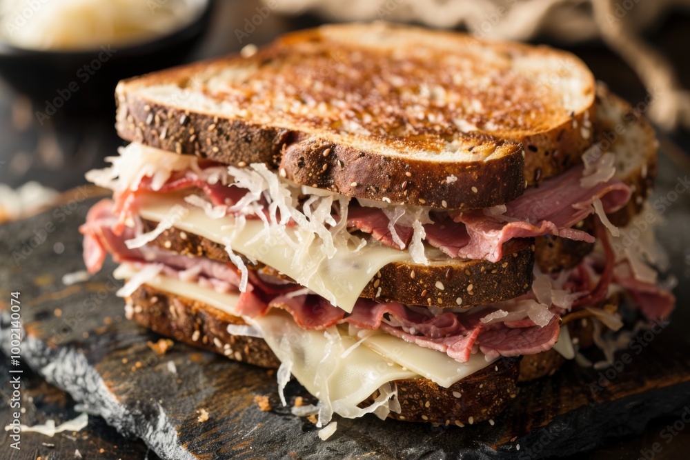 A classic Reuben sandwich with corned beef, sauerkraut, Swiss cheese, and Russian dressing, served on rye bread. Copy space A classic Reuben sandwich with corned beef, sauerkraut, Swiss cheese, and Russian dressing, served on rye bread. Copy space