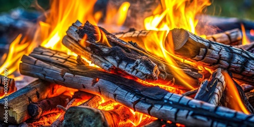 Close Up Macro Shot of Backyard Campfire with Burning Wood and Glowing Coals in Daylight Focus photo