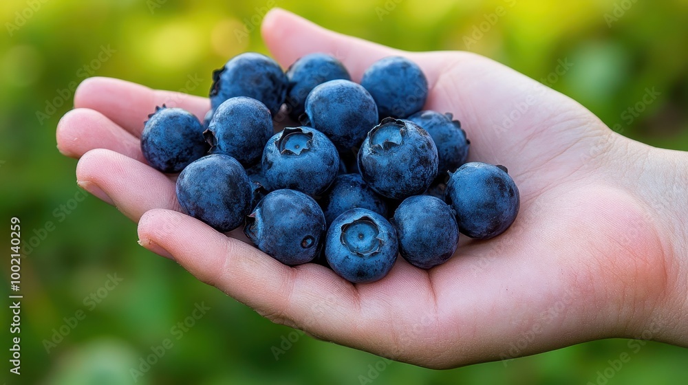 Freshly Picked Blueberries in Hand Against a Green Natural Background on a Sunny Day Freshly Picked Blueberries in Hand Against a Green Natural Background on a Sunny Day