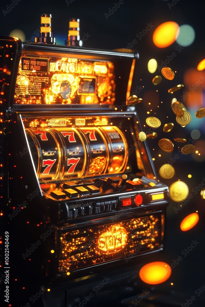 Vibrant Casino Slot Machine with Glowing Lights and Flying Coins in a Dynamic Gaming Environment Vibrant Casino Slot Machine with Glowing Lights and Flying Coins in a Dynamic Gaming Environment