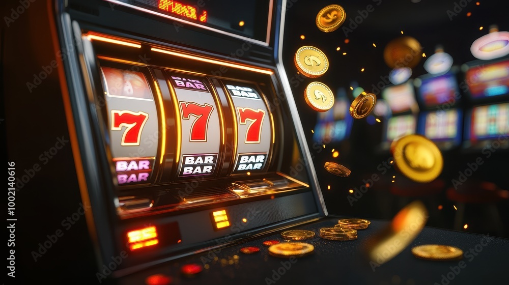 Slot Machine Jackpot with Coins Flying Out in a Vibrant Casino Setting Slot Machine Jackpot with Coins Flying Out in a Vibrant Casino Setting