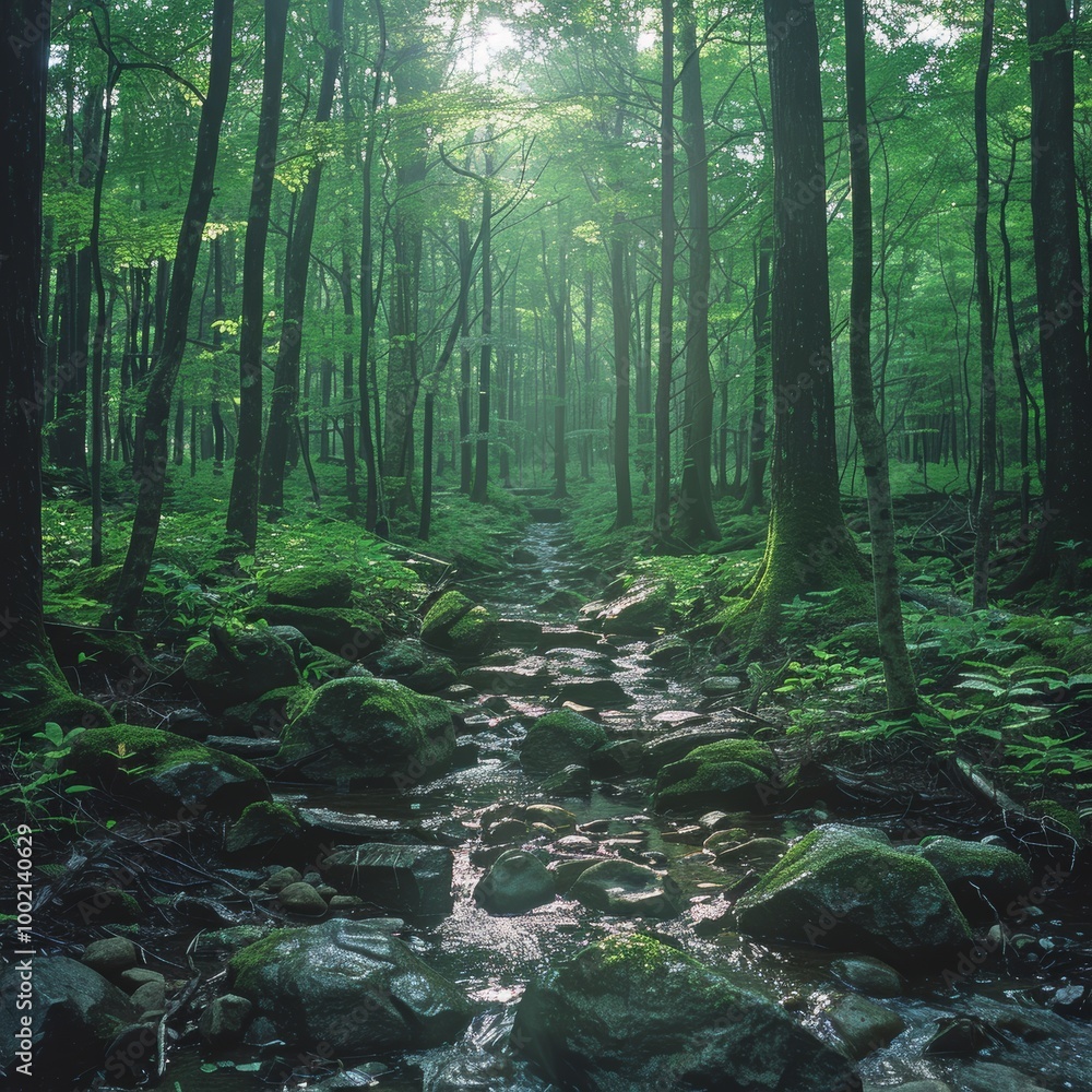 Lush greenery and tranquil stream in Aokigahara forest landscape Lush greenery and tranquil stream in Aokigahara forest landscape