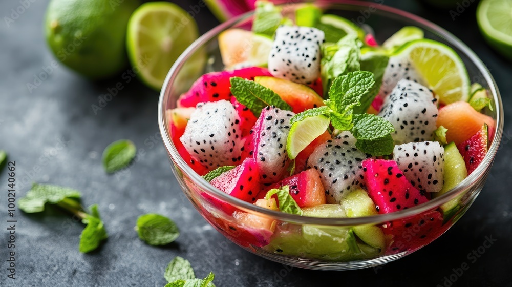 A refreshing dragon fruit salad with mint leaves and lime juice, served in a clear bowl, emphasizing healthy eating and vibrant flavors. A refreshing dragon fruit salad with mint leaves and lime juice, served in a clear bowl, emphasizing healthy eating and vibrant flavors.