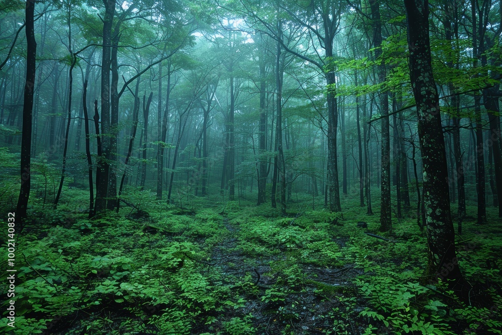 Misty Aokigahara Forest landscape with lush green foliage Misty Aokigahara Forest landscape with lush green foliage