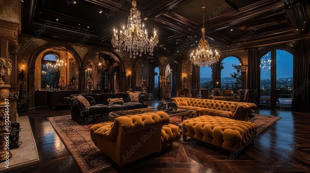 Lavish luxury living room with grand chandeliers, plush velvet furniture, and rich, dark wood floors. Lavish luxury living room with grand chandeliers, plush velvet furniture, and rich, dark wood floors.