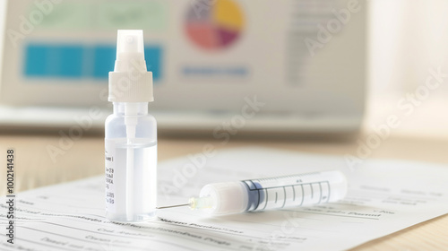 Wallpaper Mural Close-up of a modern nasal spray bottle with minimalist design, placed on a white background with a blurred medical chart in the background, highlighting its purpose and sleek appearance Torontodigital.ca