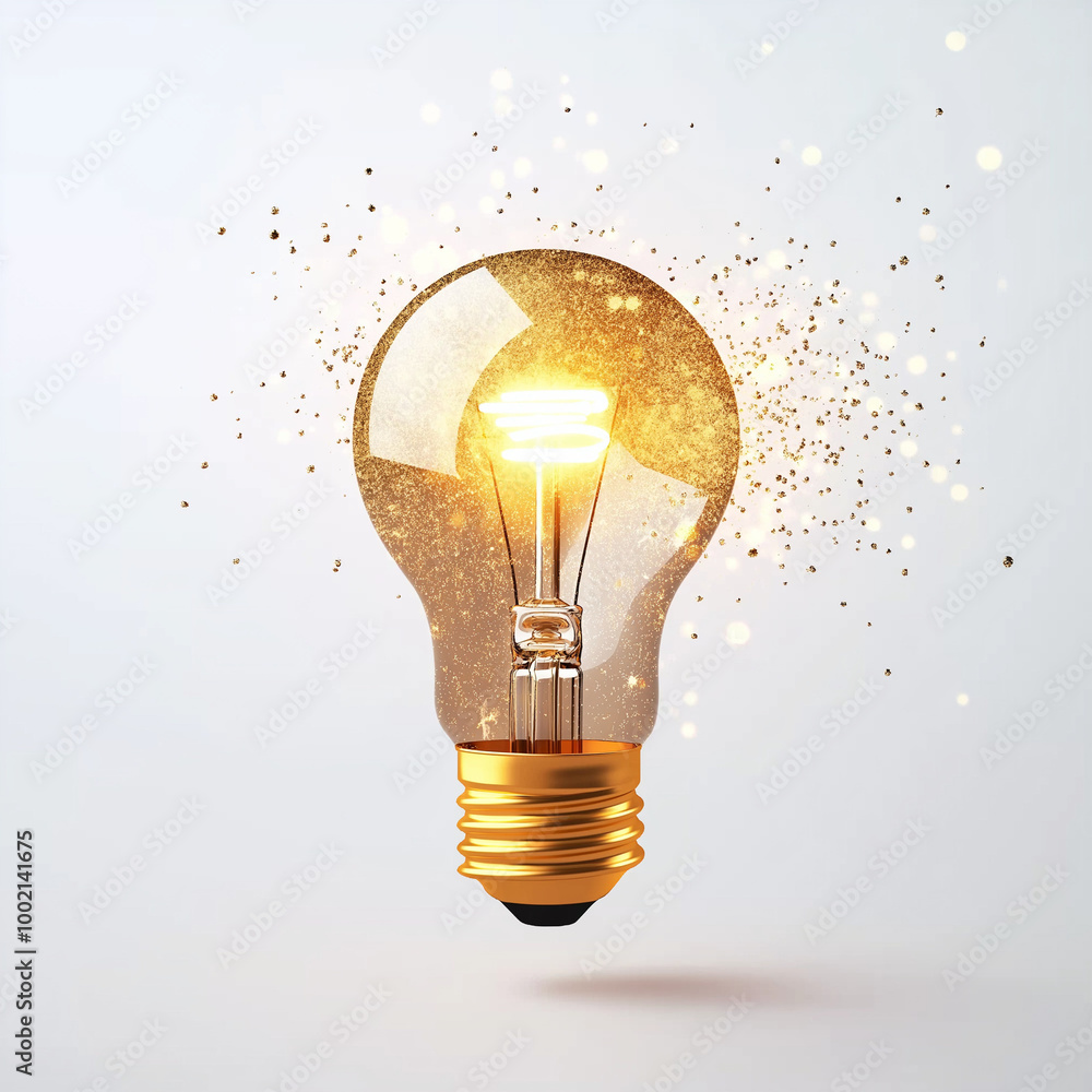 A glowing light bulb with sparkling particles, representing the spark of innovation, idea generation, and creative energy on a clean white background.