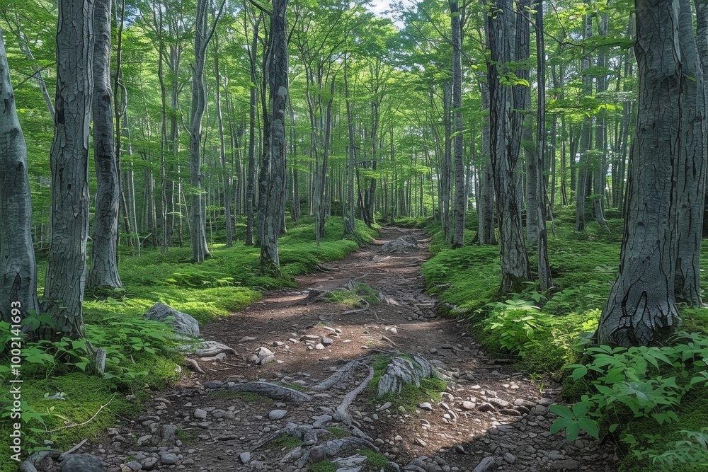 Path through the tranquil Aokigahara Forest in Japan Path through the tranquil Aokigahara Forest in Japan