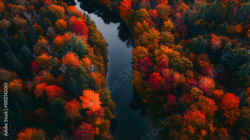 Aerial View of a River Winding Through Autumn Forest