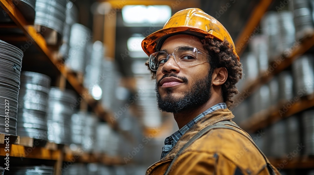 A confident worker in safety gear stands in a warehouse aisle. A confident worker in safety gear stands in a warehouse aisle.