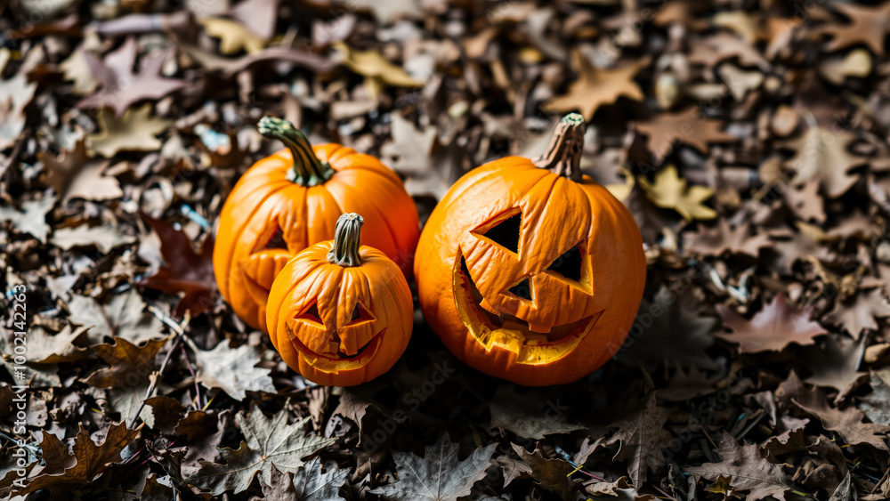 Carved Pumpkins in Autumn Leaves Carved Pumpkins in Autumn Leaves
