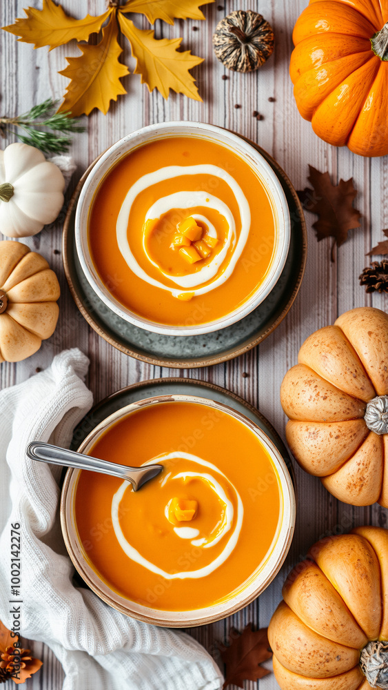 Creamy Pumpkin Soup with Autumn Decorations Creamy Pumpkin Soup with Autumn Decorations