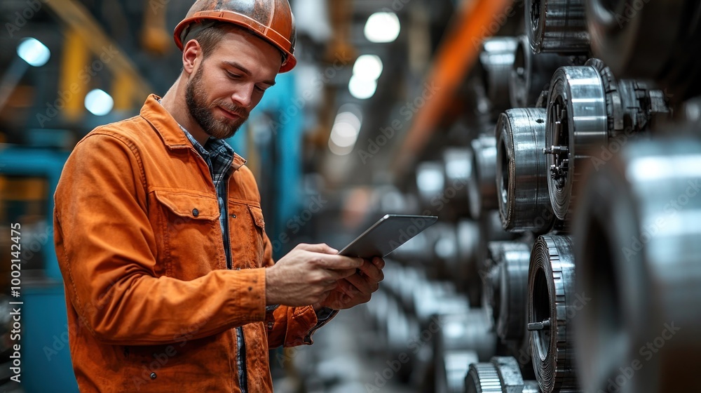 Worker using a tablet in an industrial setting with machinery. Worker using a tablet in an industrial setting with machinery.
