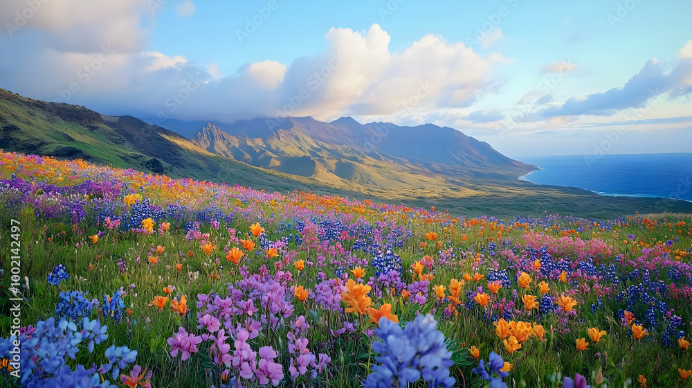 Obraz premium Vibrant Wildflowers in a Mountain Meadow with Ocean View