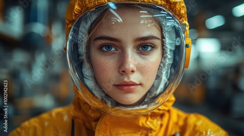 A young woman in a yellow protective suit and helmet, gazing intently.