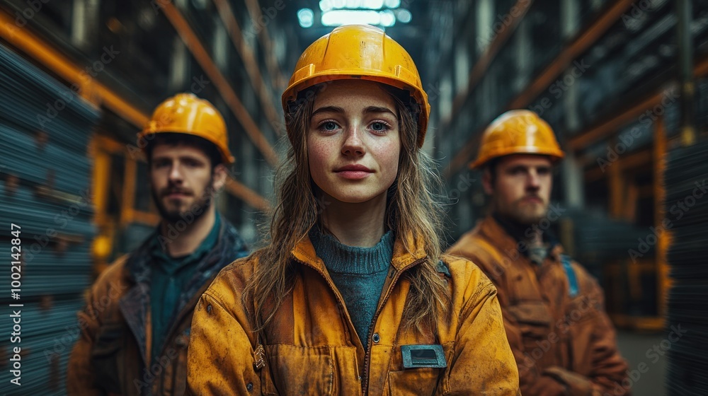 Three construction workers in safety gear pose in a warehouse. Three construction workers in safety gear pose in a warehouse.