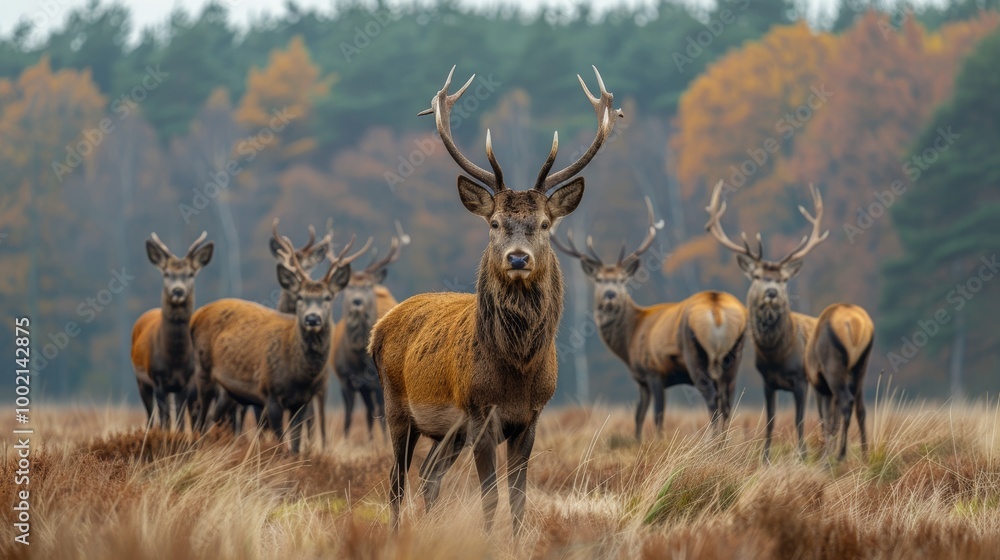 Obraz premium Red deer herd standing in autumnal forest landscape