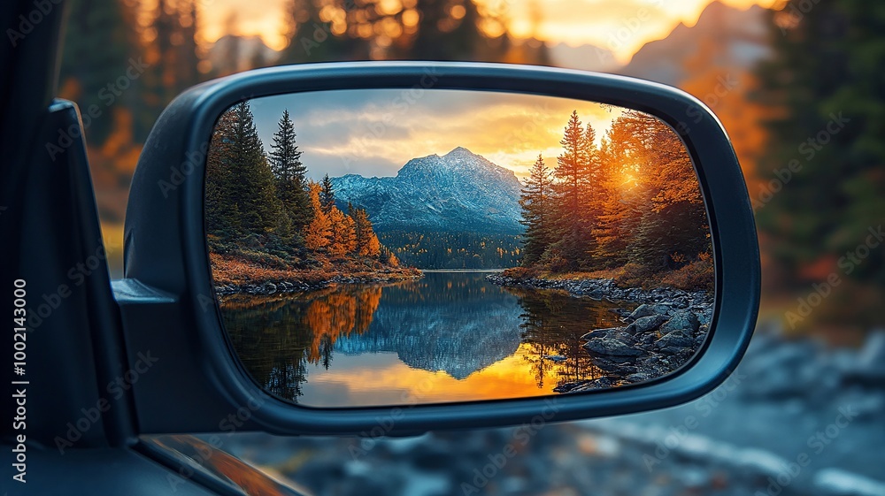 Reflection of a scenic landscape in car side mirror illustrating travel and exploration Reflection of a scenic landscape in car side mirror illustrating travel and exploration