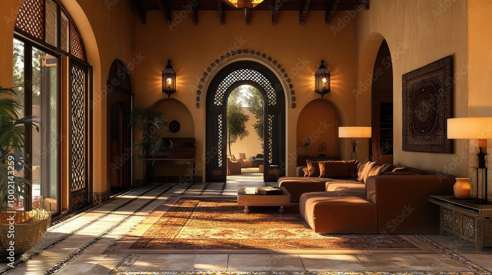 Obraz premium Living room with warm earth tones, arched doorways, and ornate tilework.