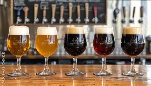 Colorful craft beers served in a row on a wooden counter.