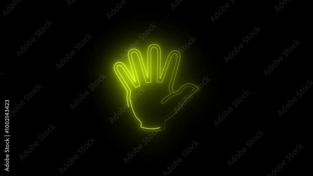 Animation of neon Open hand, palm neon sign. Neon style yellow black icon Neon line Stop hand sign icon. Prohibition sign. Stop sign isolated. Animation of neon Open hand, palm neon sign. Neon style yellow black icon Neon line Stop hand sign icon. Prohibition sign. Stop sign isolated.