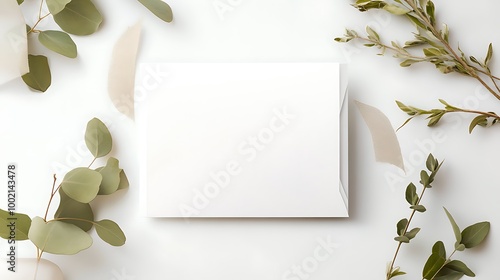 A white square card sits on a white background, surrounded by sprigs of greenery.