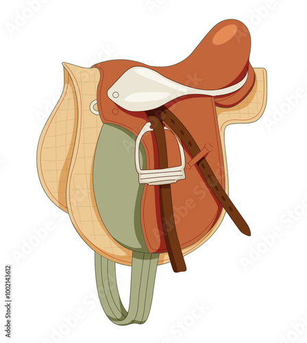 Cowboy saddle isolated on a white background. Equestrian accessories, horse ammunition. Vector hand drawn illustration on cowboy theme.  