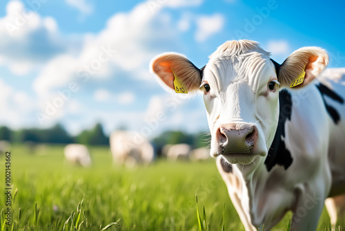 Cow grazing in sunny pasture