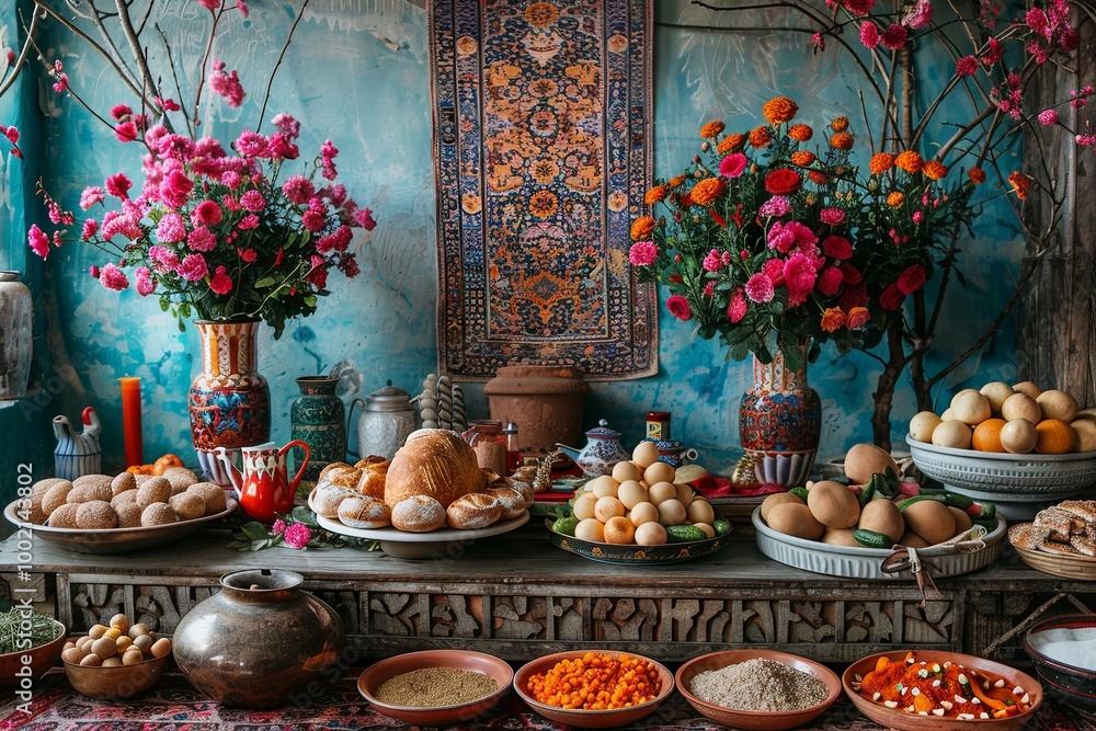 Traditional Nowruz table setting for the Iranian new year celebration Traditional Nowruz table setting for the Iranian new year celebration