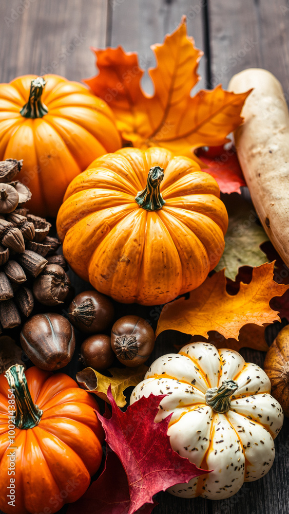 Autumnal Still Life with Pumpkins and Leaves Autumnal Still Life with Pumpkins and Leaves